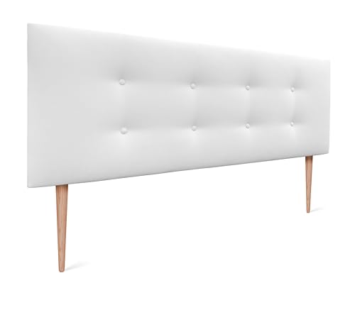 DHOME Tête de lit en Similicuir ou en Tissu AQUALINE Pro avec 2 rangées de Boutons et de Pieds Tête de lit de Luxe rembourrée (145x105cm avec Pieds (Lits 120/135/140), Tissu Blanc)