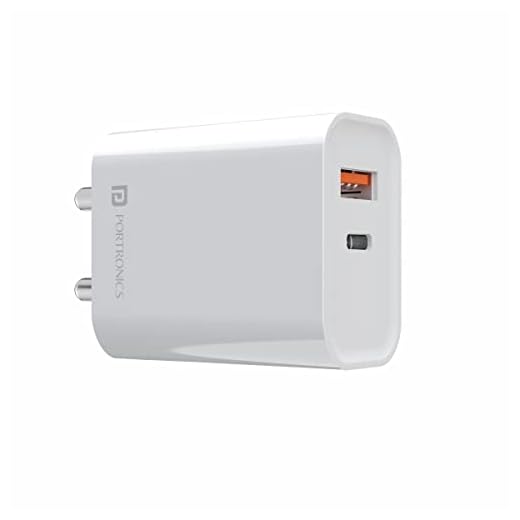 Portronics Adapto 45 22.5W Max Output USB & Type-C Dual Output Super Fast Charger,Wall Adapter Power Delivery 3.0& USB A Fast Charge Adaptor for iPhone,Android & Other Type C Enabled Devices(White)