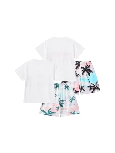 Image of Boy Shorts Sets Summer Hawaii Outfit Palm Print Short Sleeve T-Shirt and Drawstring Cotton Shorts with Pockets
