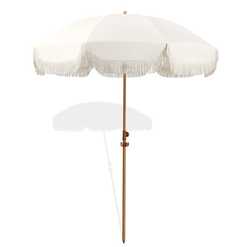 7.5ft Patio Umbrella with Fringe, Beach Umbrella, Fringe Umbrella Outdoor Patio with Hanging Hook, Tilting Aluminum Pole, UV 50+, Fiberglass Ribs, Elegant Cream
