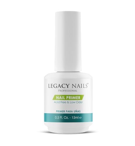 Legacy Nails Nail Primer 0.5oz/ 15ml - Low Odor, Acid-Free & pH leveling polymer. Works as a bridge between natural nails and acrylic and gel systems, gel polish, and nail lacquers.
