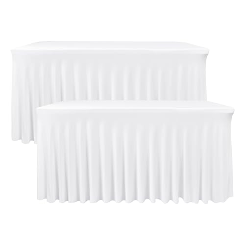 Image of White Spandex Table Skirt for 8 Foot Rectangle Tables 2 Pack 96x30 In | Stretch Fitted Table Covers, Wrinkle Free Ruffle Design Tablecloths for Wedding Banquets,Party, Banquet, Birthday, Events