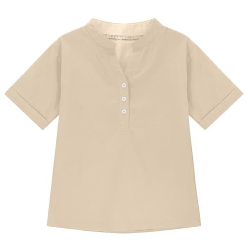 5-15T Baby Girls Linen Shirts Fashion Solid Color Short Sleeves V-Neck T-Shirts Soft Comfy Summer Blouse Tops2