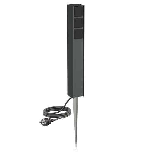 ledscom.de Colonne de Prises de Jardin PODEL avec Piquet de Terre et 2m de câble pour l'extérieur, IP44, Triple, Anthracite, rectangulaire, 60cm
