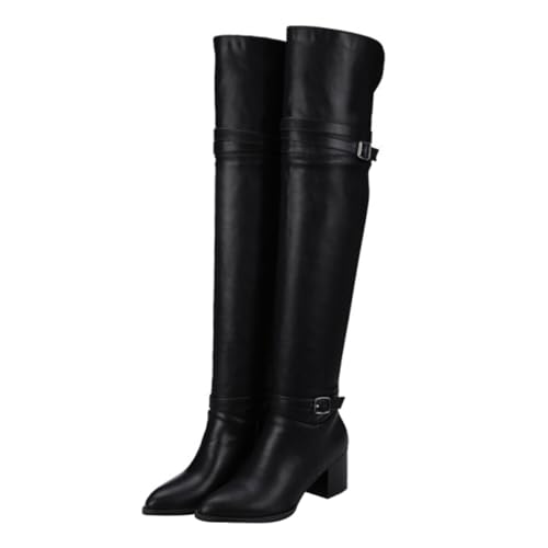SAFIGLE Botas Largas De Mujer Negras De Invierno y Otoño De Cuero Sintético Tacón Grueso Antideslizante Muslo Para Uso Casual y Fiestas Talla 39