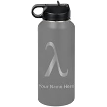 LaserGram Personalized Water Bottle, Lambda Symbol, Stainless Steel Double Wall Vacuum Insulated with Flip Top Straw, Custom Engraved Gift 32oz / 950ml Gray