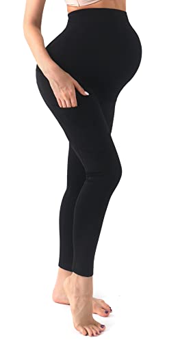Sweetaluna Maternity Leggings Over The Belly,Women Pregnancy Legging With Pockets Active Workout Yoga Pants Tights Black Large #TOP1