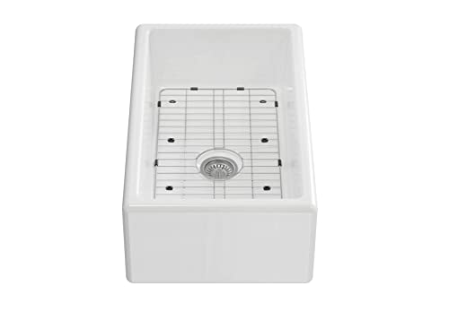 Ellai 30-In Gloss White Farmhouse Ceramic Kitchen Sink, Reversible Single Bowl Farm Sink With Strainer And Bottom Grid #TOP6