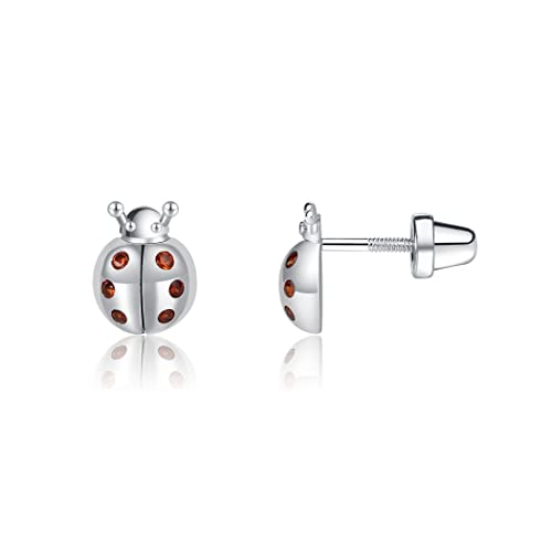 Precious Pieces Children's Sterling Silver Ladybug Earrings with Red CZs for Toddlers, Kids, and Little Girls
