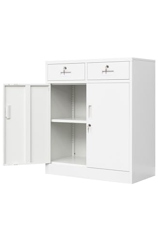 Wanfu Metal Storage Cabinet, Locking Storage Cabinet with Adjustable Shelf, 36" H Metal Cabinets with 2 Drawers for Office, Garage, Home-White