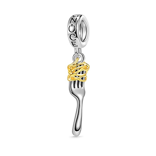 GNOCE Charm Perle Hotdog umarmt Herz Edelstein Pizza Hamburger Beads 925 Sterlingsilber Charm Anhänger für Armband Halskette Schmuck Geschenk für Essensliebhaber (Gabel & Pasta)