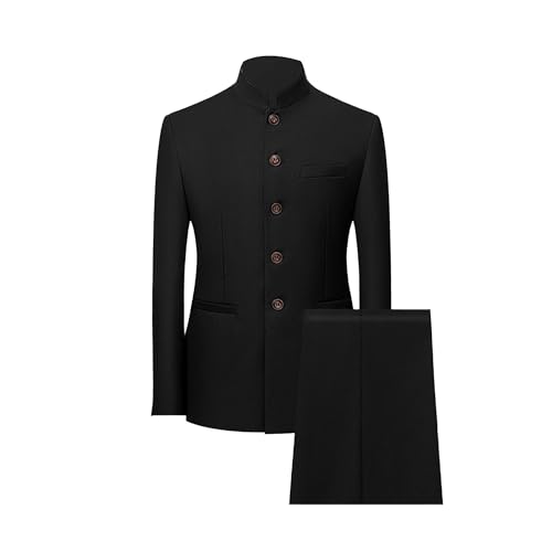 Men Chinese Traditional Uniform Suit Mandarin Collar Blazer 2 Pieces Tunic Set Single Breasted Jacket Trouser Set