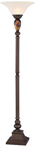 Kathy Ireland Mulholland Rustic Vintage Torchiere Floor Lamp Standing 72" Tall Bronze Tortoise Shell Font Frosted Glass Shade Decor For Living Room Reading House Bedroom Home Office #TOP1