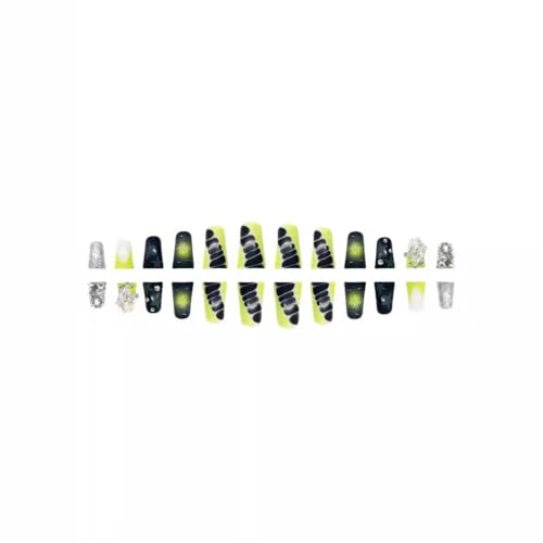 Image of Duck Press on Nails Green Black Fake Nails with Star Design Rhinestone Glue on Nails Alligator Print Nail press ons Ombre False Nail Glossy Acrylic Full Cover Stick on Nail for Women Manicure 24Pcs