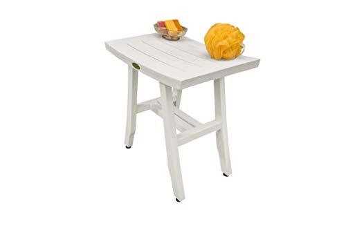 CoastalVogue Satori Shower Bench Teak Wood Shower Bench with Curved Seat Wooden Shower Seat Shower Stool in Antique White Finish for Indoors and Outdoors - 18 inches Length