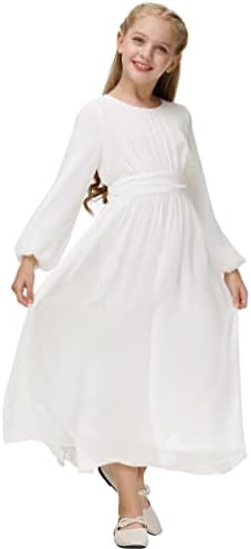 Long Sleeve Chiffon Dress for Girls White Ruffle Bridesmaid Aline Dress Junior