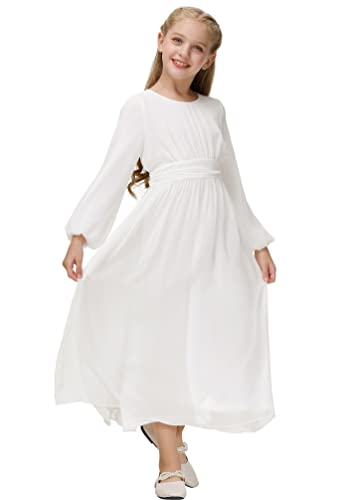Long Sleeve Chiffon Dress For Girls White Ruffle Bridesmaid Aline Dress Junior #TOP8