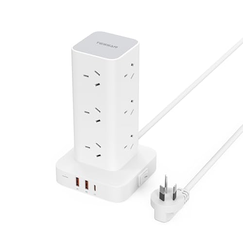 TESSAN Power Board with USB C, Tower Power Strip Flat Plug 12 AC Outlets 3 USB Ports(1 PD 20W), Powerboard 2M Extension Cord, 2400W, Office Desk Home Accessories