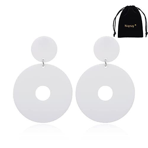 White Hollow Round Acrylic Earrings Dangle Cute Statement 70S 80S Drop Resin Hypoallergenic Geometric Retro Fashion Hoop Simple Earring For Women Teen Girls Jewelry (White) #TOP1