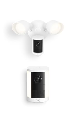 Image of Ring Floodlight Cam, Wired (newest model), White with Spotlight Cam, Battery (newest model), White