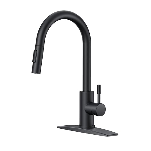 FORIOUS Black Kitchen Faucet with Pull Down Sprayer, High Arc Modern Classic Sink Faucet Stainless Steel with Deck Plate Fit for 1 or 3 Hole for Pot Filler Bar Farmhouse Laundry Rv