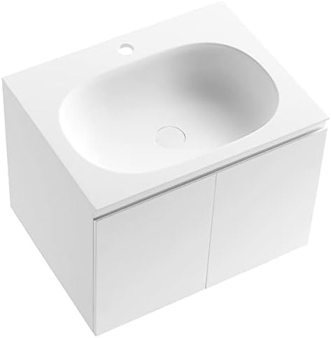 Serene Valley Bathroom Floating Vanity with Hinged Cabinet, Square Sink Bowl with Matching Pop-Up Strainer, 24" Solid Surface Material in Matte White, SVWS617-24WH