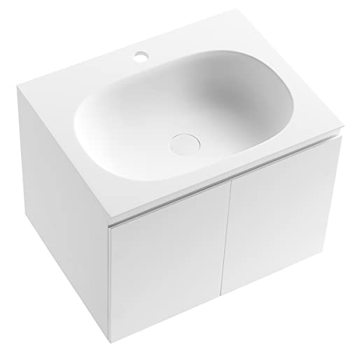 Serene Valley Bathroom Floating Vanity With Hinged Cabinet, Square Sink Bowl With Matching Pop-Up Strainer, 24" Solid Surface Material In Matte White, Svws617-24Wh #TOP16