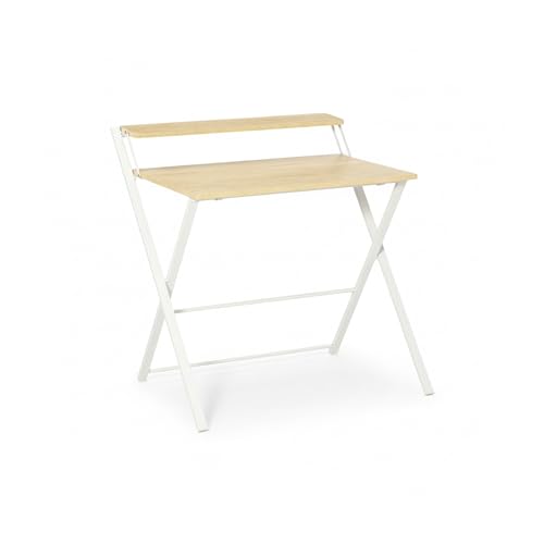 MyosHome - Escritorio Plegable Blanco y Roble Sonoma, Escritorio con Soporte para Monitor, Mesa Ordenador Plegable para Estudio, Escritorio Portátil para Casa, 70 x 50 x 90 cm. Paris