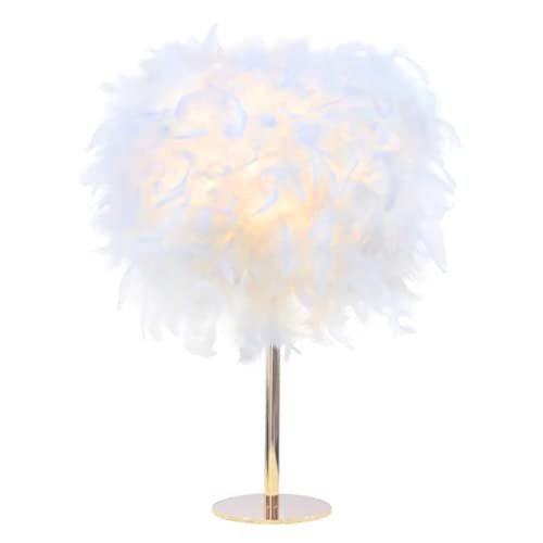 White Feather Table Lamp Bedside Lamp with Rose Gold Metal Base Feather Table Light Desk Lampshade for Bedroom, Living Room, Home Decor