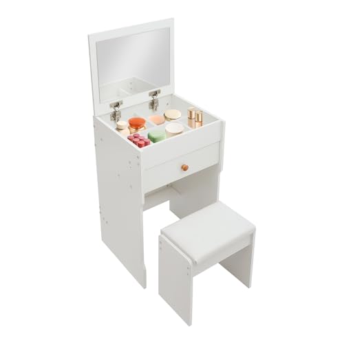Zoobotanica Tocador 3 en 1 con taburete, mesa de cosméticos con espejo plegable, mesa de cosméticos compacta con cajones, pequeño juego de tocador para dormitorio, 40 x 37,5 x 72 cm (blanco)