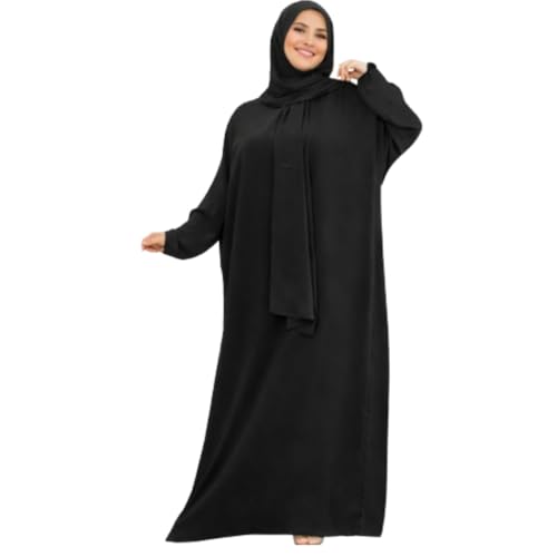 NAJMA Abaya voile intégré,Soie de Médine,abaya de priere avec voile intégrée robe de priere femme musulmane avec hijab(Noir, Taille unique)