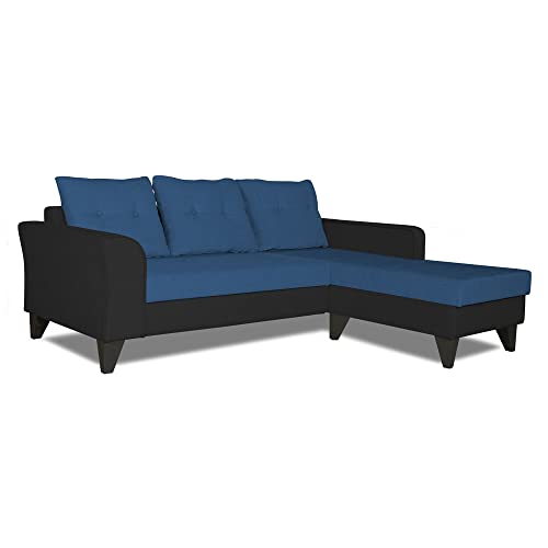 Image of Adorn India Maddox L Shape 4 Seater Sofa Set Tufted Two Tone RHS (Blue & Black) (3 Year Warranty)