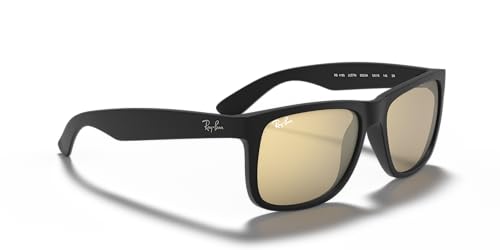 Image of Ray-Ban Unisex RB4165 Justin Rectangular Sunglasses, Rubber Black /Light Brown Mirrored Dark Gold, 55 mm