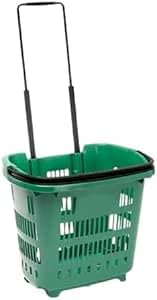 Retail Shop Supermarkets Plastic Shopping Basket With Wheels And Telescopic Handle, Plastic Shopping Baskets, Stacking Baskets (1 X Green Wheely 34L Shopping Basket)