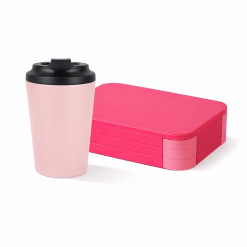 Image of YELONA Lunch Box + Tumbler Combo for Office & School | BPA Free Leakproof Bento Lunch Box with Compartments | 350ml Stainless Steel Insulated Coffee Mug - Rose Pink