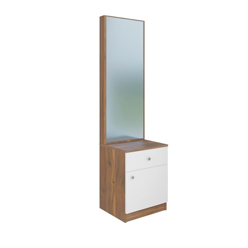 Image of VIKI | Engineered Wood Dressing Table with 1 Drawer & 1 Door, Mirror and Huge Storage Space | Vanity for Living Room, Bedroom (Brussel Walnut & Frosty White - 43.8W x 40D x 182.6H cms)