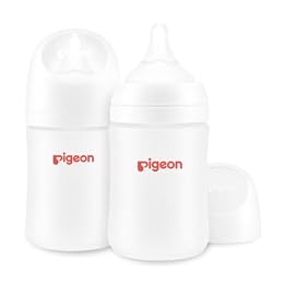 Pigeon Silicone Coating (Glass Inside/Silicone Outside) Baby Bottle, Wide Neck, Streamlined Body, Natural Feel, Easy to Clean, Heat-Resistant, 5 Oz (Pack of 2), Includes 2 pcs SS Nipples (0m+)