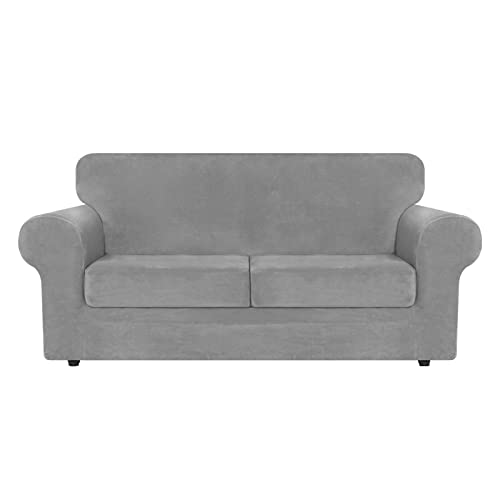 Asnomy Sofas Covers For 2 Cushion Couch Loveseat Cover Velvet Stretch Slipcovers For Dogs Cats ,2 Seat Cushion Furniture Protector Machine Washable（Medium，Silver） #TOP27