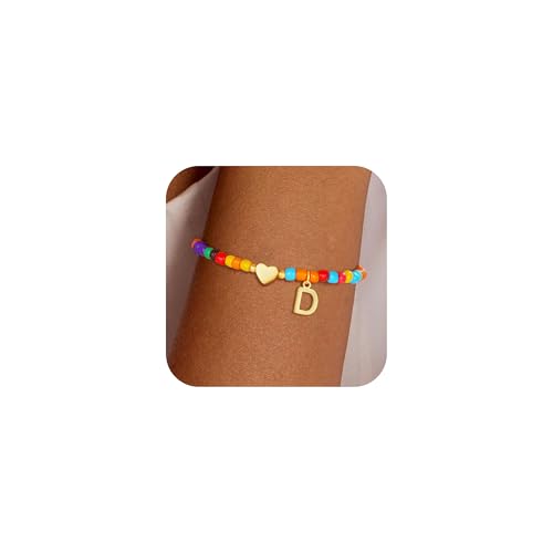 Eaciy Heart Initial Bracelet for Girls Women - Colorful Beaded Choker Letter D Initial...