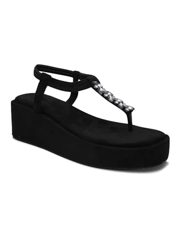 Image of TRYME T-Strap Embellished Wedges Heel Sandals for Women | Soft Suede Comfort Slip-On Sandals for Wedding, Festive & Elegant Styling