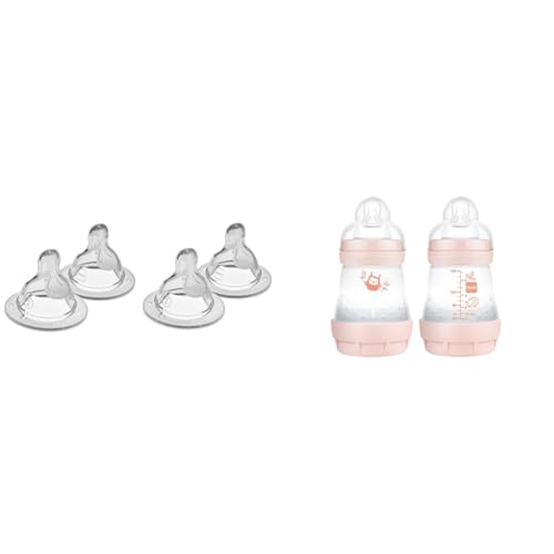 Image of MAM Bottle Nipples Medium Flow Nipple Level 2, for 2+ Months, SkinSoft Silicone Nipples & Easy Start Matte Anti-Colic Baby Bottles, 5oz (2 Count), Slow Flow Nipples, Baby Girl