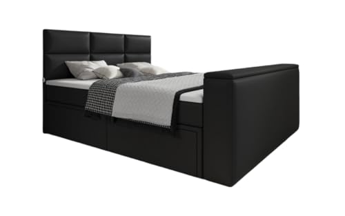Boxspringbett Citaro 180x200 Doppelbett Polsterbett Bett mit TV Lift, USB-Anschluss und Stauraum | Bezug: Kunstleder | Farbe: Schwarz | Härtegrad: H4 (100kg+)