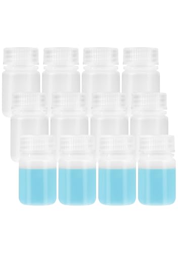 JIBENGAO 1 oz Sample Bottles Wide Mouth Plastic Bottles with Caps Reusable Translucent PP Sample Containers with Lid for Lab Reagent Liquids Mixing Storage at Home Leak Proof Clear 12 Pcs