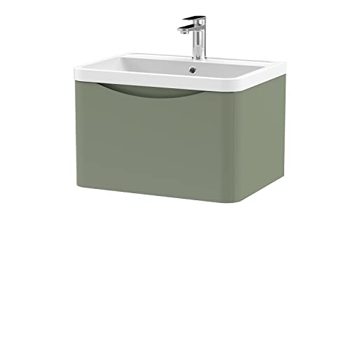nuie Modern Bathroom Wall Hung 1 Drawer Vanity Unit & Polymarble Basin, 600mm, Satin Green