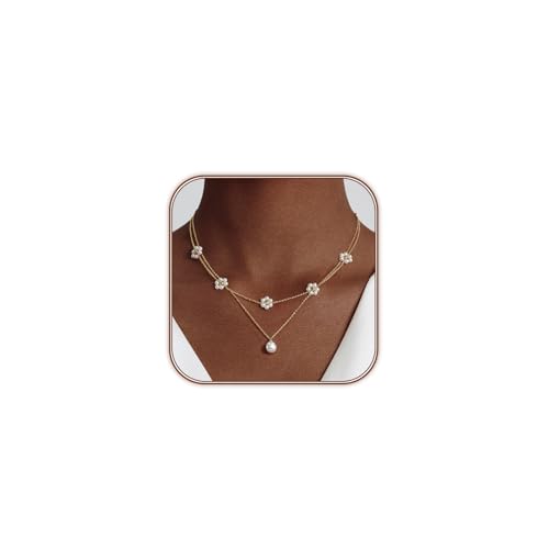 OGD Gold Pearl Necklaces Set for Women 14K Gold Plated Dainty Layered Pearl Cute Daisy Pearl Choker Gold Necklace Gifts for Women Gold Trendy Jewelry Gifts