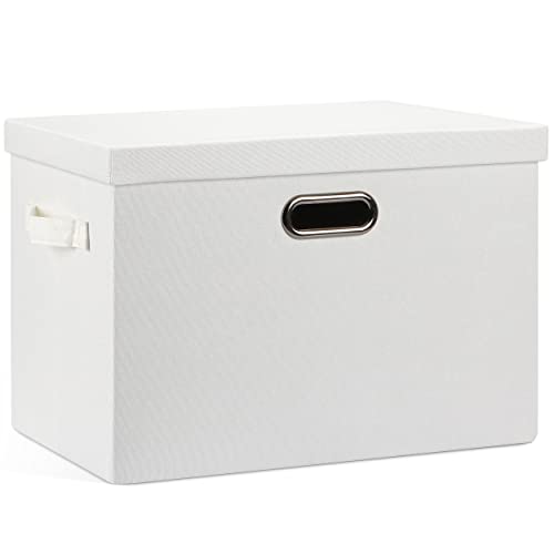 Graciadeco Collapsible Stackable Large Storage Bins with Lids, 1 Pack White Foldable Linen Closet Fabric Storage Boxes with Lids, 4 Handles Toy Box Storage Cubes Baskets Container Organizers and Storage for Bedroom Office (17 x 12 x 11)