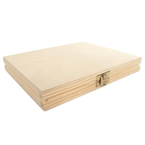 WooDeeDoo Shallow Slim Wooden Box with Lid & Clasp | 21.5 x 18 x 3 cm | Merci Gift Valuables Storage Keepsake Case | Plain Decorative Pine for Craft Decoupage