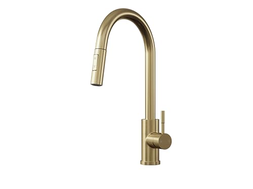 Flode Pull Out Kitchen Sink Mixer Tap Brushed Brass Modern Single Lever Mono Mixer with Pull-Out Spray High Pressure Deck Mounted Kitchen Tap