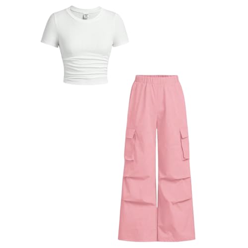 Image of Azmxynol Tween Girls Clothes 2 Piece Outfit T-Shirt Top + Cargo Pants, Teen Girl Trendy Clothing Set, Sizes 7-15 Years