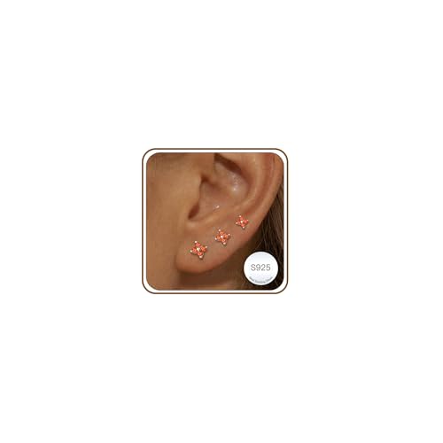Ascona 14K Gold Plated Small Stud Earrings Women Teen Sterling Silver Birthstone Stud Earring Flower Multiple Piercing Ruby Cute Earring Set Jewelry Birthday Gifts for Mom Daughter